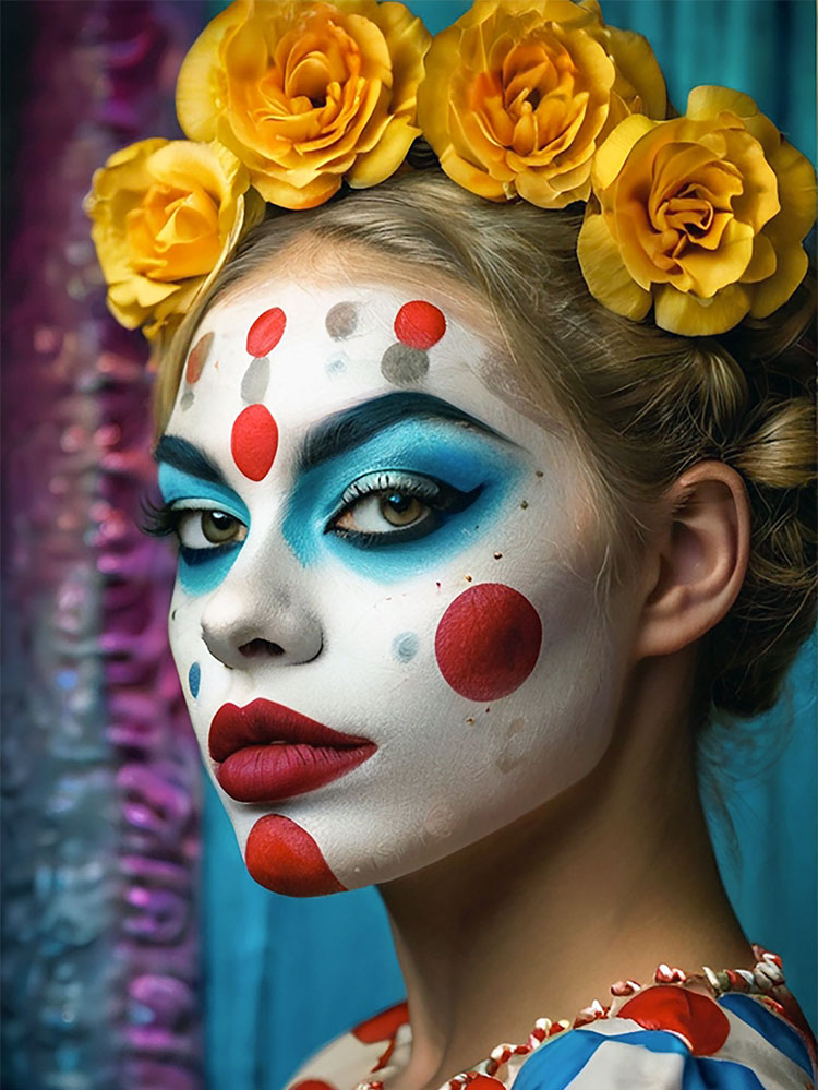 A girl painted like the Fool with yellow roses in her hair